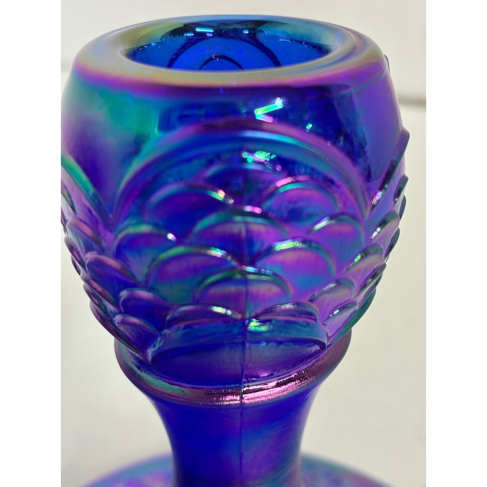 Fenton Cobalt Blue Carnival Glass Forget Me Not Candlestick Holders Pair 5.5in - Picture 8 of 8